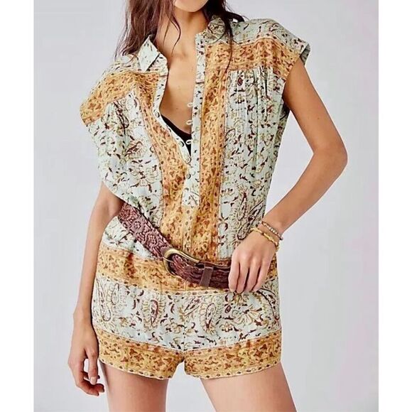 Free People Telly Oversized Button Up Cotton Shorts Romper One Piece W/ Pockets - Picture 1 of 11